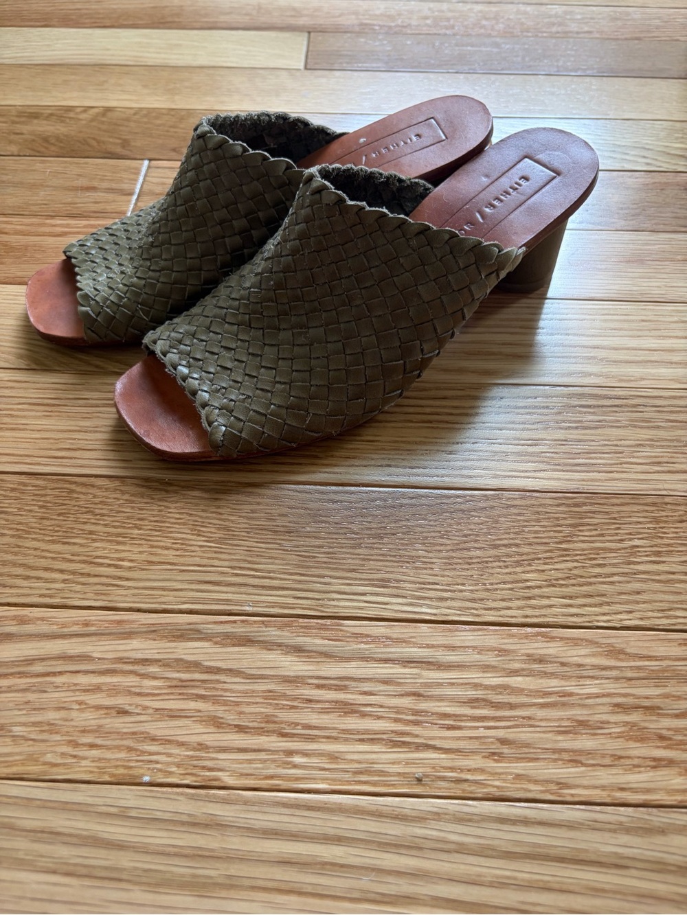 Woven Open-Toe Slide Heels in Olive